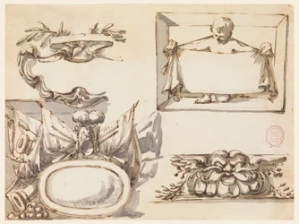 Tegning, et våpenskjold, et trofé, en etikett, et dekorativt motiv for en frise, 1750–75