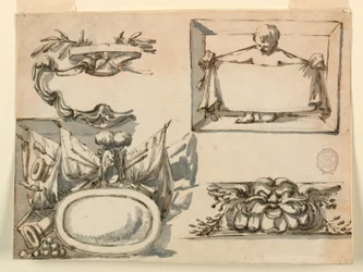 Tegning, et våpenskjold, et trofé, en etikett, et dekorativt motiv for en frise, 1750–75