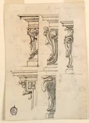 Tegning, Fem hjørnemotiver, ca. 1750