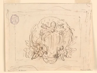 Tegning, tavle med pave Benedikt XIVs våpenskjold med skjell som bakgrunn, 1740–58