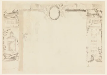 Tegning, uferdig design for et minneark som refererer til oppføringen av en pavelig fabrikk (Magazins of Annona), 1760–69
