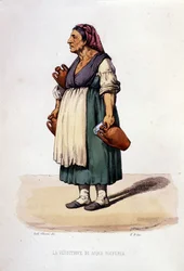 Liten bedrift i byen Napoli: gående selger av svovelvann. Gravering etter et maleri av F. Palizza. Fra et verk av Francesco de Bourcard "" Costumi del regno di Napoli""