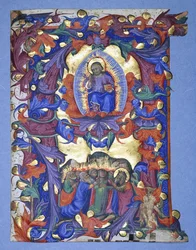 En stor historisk "A" med en skildring av himmelfarten, ca. 1450