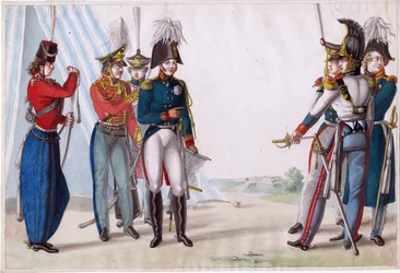 Alexandre Ier, tsar de Russie (1777-1825) - Tsar Alexander I and Russian officers - Finert (Finart), Noel Dieudonne (1797-1852) - 1815 - Watercolour on paper - 23,3x34,5 - Private Collection   1401203   no       norwegian Successfully Translated  Original: