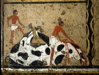 Egyptisk antikvitet: en okse blir ofret foran en sarkofag. Detrempe på leire og halm fra graven til generalen og kansleren til kong Iti i El Ghebelen nær Luxor. 2200-2000 f.Kr. Torino, egyptisk museum