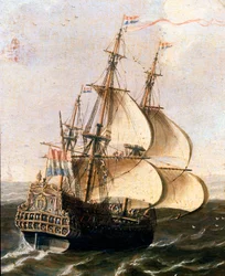 En gallion av det nederlandske selskapet i Øst-India Anonymous maleri av den flamske skolen. Museo Navale fra 1600-tallet, Genes