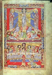 Legg til 17738 Vol II f.4 Transfiguration, the Last Supper, fra Floreffe Bible, c.1156 (vellum)