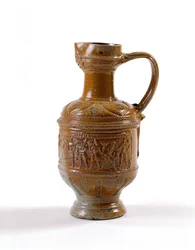 Ølkanne, laget i Raeren, Belgia, ca. 1580-1600 (saltglasert steintøy)