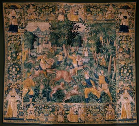 flamsk billedvev. Hjortejakt (Hunting a hjort). Atelier i Oudenaarde. 295x331 cm. Inv (82941)-1 / PRIVAT. 17. århundre.