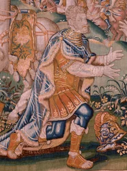 flamsk billedvev. Alexander før ypperstepresten Iaddo (Alexander før ypperstepresten Iaddo). Atelier i Oudenaarde. 374x447 cm. Inv(830-B)4 00010. 1600-tallet.