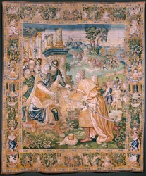 flamsk billedvev. Alexander blir tilbudt en krone (Alexander tilbys en krone). Atelier i Oudenaarde. 384x316 cm. Inv (83024)-5 / 00009. 1600-tallet.