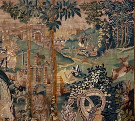 flamsk billedvev. Landskap med pergola og store beist, med 2 søyler. Atelier i Oudenaarde. 319x508 cm. Inv 0023. 1600-tallet.