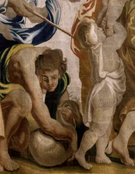 flamsk billedvev. Serien eukaristiens apoteose. Innhøsting av manna (Recogida del maná). Model Cartoon kopiert fra en original av Rubens. Brussel produksjon. Produsert av Frans van den Hecke. Midten av 1600-tallet. Stoff Silke og ull, 7/8 varp pr cm.