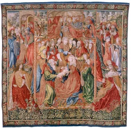 flamsk billedvev. Serie Episoder fra Jomfruens liv; Presentasjon ved tempelet (Presentación en el Templo). Andre billedvev i serien. Modeller tilskrevet Jan van Roome (eller van Brussel). Produksjon Pieter van Aelst, Brussel. Ca 1502-1504.