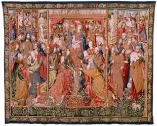 flamsk billedvev. Serie episoder fra The Life of the Virgin. Profetiene blir oppfylt ved Kristi fødsel (Oppfyllelse av profetiene ved Guds Sønns fødsel). Første billedvev i serien. Modeller tilskrevet Jan von Roome (eller van B