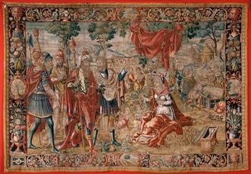 flamsk billedvev. Serien Esau og Jakob. Laban leter etter de stjålne avgudene. Andre billedvev i serien. Produserer Nederland. Andre halvdel av 1500-tallet. Ull stoff. Plassering Saint Nicholas kirke (Bari)