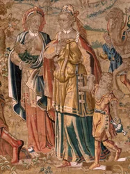 flamsk billedvev. Serien Esau og . Møte mellom Jakob og Esau (Encuentro entre Jacob y Esaú). Tredje billedvev i serien. Produksjon Nederland, andre halvdel av 1500-tallet. Stoff Ull. Plassering Church of Saint Nicholas of Bari (museet åpnet