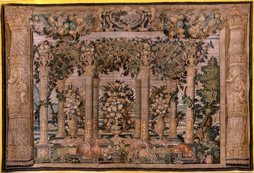 flamsk billedvev. Series Galleries with animals or Galleries of espaliers (Galleries with animals or Galleries of espaliers 10). Andre i serien. Silke og ull. 17. århundre.