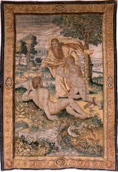 flamsk billedvev. Serien Genesis eller The Creation Man. Gud skaper kvinnen og introduserer henne for Adam (Dios crea a la mujer y la presenta a Adán). Modell basert på Michiel Coxcie. Produserer Jan Aerst i Brussel. Ca 1630. Stoff Silke og ull.