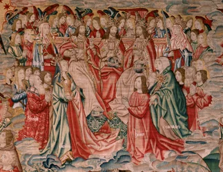 flamsk billedvev. Serien Menneskelig forløsning eller laster og dyder. Kristus stiger opp til himmelen og mennesket blir forløst for Gud (Cristo asciende al Cielo y el Hombre se redime ante Dios). Niende billedvev i serien (fjerde av de som holdes i Palenc