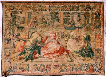 flamsk billedvev. Serien Mark Anthony og Cleopatra. Cleopatra og hennes hoff (Cleopatra en su corte). Model Cartoon tilskrevet Pieter Coecke van Aelst. Produksjon Brussel(?). Andre halvdel av 1500-tallet. Stoff Silke og ull. Størrelse 310 x 435 cm. Opprinn