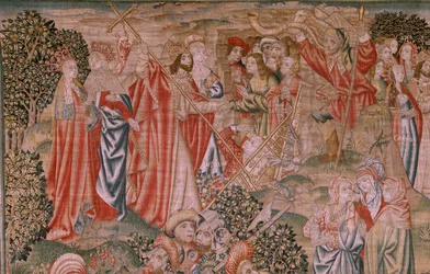 flamsk billedvev. Serien Redemption of Man eller laster og dyder. Kristi oppstandelse (Resurrección de Cristo). Åttende billedvev i serien (den første av de som ble holdt i Burgos). Produsere Brussel. Ca 1510. Stoff Silke og ull, 7 renninger pr cm.