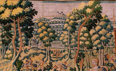 flamsk billedvev. Serien Story of Cyrus. No II Astyages gjenkjenner Cyrus (Ciro reconocido por Astiages). Anonym, basert på Michiel Coxcie. Atelier Antwerpen. Silke og ull. Ca 1590.
