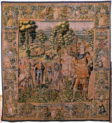 flamsk billedvev. Serien Story of Cyrus. No II Astyages gjenkjenner Cyrus (Ciro reconocido por Astiages). Anonym, basert på Michiel Coxcie. Atelier Antwerpen. Silke og ull. Ca 1590.