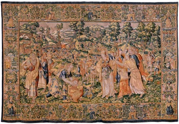 flamsk billedvev. Serien Story of Cyrus. No VI Tomyris beordrer hodet til Cyrus å dyppes i et blodkar (Tomiris manda sumergir la cabeza de Ciro en un recipiente lleno de sangre). Anonym, basert på Michiel Coxcie. Atelier Antwerpen. Silke og woo