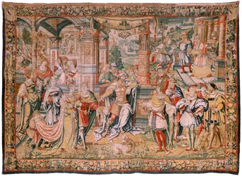 flamsk billedvev. Serien Story of David. David før Saul (David ante Saúl). Modell av Bernard van Orley. Produsere Brussel. Ca1525. Stoff Silke og ull. Størrelse 560 x 410 cm. Plassering Cathedral of Burgos. Opprinnelse Et legat til katedralen i 1535 av Car