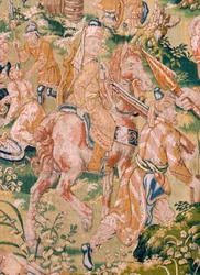 flamsk billedvev. Serie: The Book of Judith. Holofernes bankett (El banquete de Holofernes). Sjette billedvev i serien. Produksjon: Nederland, Brussel(?). Andre halvdel av 1500-tallet. Stoff: Ull. Sted: Saint Nicholas of Bari-kirken (m