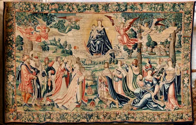 flamsk billedvev. Serien The Hail. Salve Regina. Produser Brussels verksteder, en mulig produksjon av Marc Crétif. Ca 1528. Størrelse 412 x 652 cm. Stoff Silke og ull. Plassering katedralen i Palencia. Opprinnelse Et legat fra biskop Fonseca i 1529. På dis