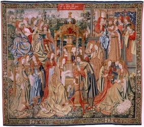 flamsk billedvev. Serien Davids og Batsebas historie. Bathseba ved badet hennes (Betsabé en el baño sorprendida por David). Første panel i serien. Anonym modell. Ukjent produksjon, Brussel