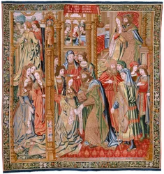 flamsk billedvev. Serien Davids og Batsebas historie. Ekteskap mellom David og Batseba (Casamiento de David y Betsabé). Andre panel i serien. Anonym modell. Ukjent produksjon, Brussel. 1505. Stoff Gull, silke og ull.