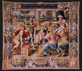 flamsk billedvev. Serien Hannibals historie. Mago, Hannibals budbringer, i Kartago (Magón, mensajero de Aníbal, en Cartago). Femte billedvev av de bevarte. Modeller Anonym mester i Nederland. Brussels produksjon, verksted. Ca 1570. Fab
