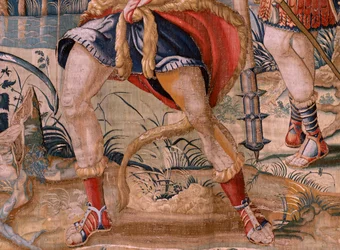 flamsk billedvev. Serien The Labors of Hercules. Hercules og stymphalian-fuglene (Hércules y las aves del lago Estínfalo). Første billedvev i den eksisterende serien. Ukjent modell. Produksjon Willem Dermoyen, Brussel. Ca 1528. Stoff Silke og ull. ; Større