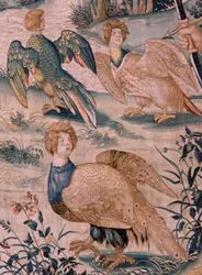 flamsk billedvev. Serien The Labors of Hercules. Hercules og stymphalian-fuglene (Hércules y las aves del lago Estínfalo). Første billedvev i den eksisterende serien. Ukjent modell. Produksjon Willem Dermoyen, Brussel. Ca1528. Stoff Silke og ull. ; Størrel