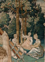 flamsk billedvev. Serien The Labors of Hercules. Hercules i Hesperides hage (Hércules en el jardín de las Hespérides). Femte billedvev i den eksisterende serien. Ukjent modell. Produksjon Willem Dermoyen, Brussel. Ca 1528. Stoff Silke og ull.
