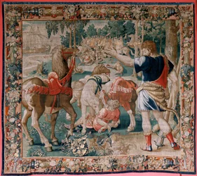 flamsk billedvev. Serien The Labors of Hercules. Hestene til Diomedes (Los caballos de Diomedes). Tredje billedvev i den eksisterende serien. Ukjent modell. Produksjon Willem Dermoyen, Brussel. Ca1528. Stoff Silke og ull. Størrelse 350 x 400 cm. Sted Royal