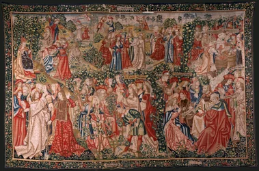 flamsk billedvev. Serien Lignelsen om arbeiderne i vingården. Oppfordringen til arbeiderne (La llamada a los trabajadores). Første billedvev i serien. Produsere Brussel, Pieter van Aelsts verksteder(?). Ca 1500. Stoff Silke og ull, 6 renninger pe