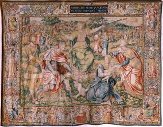 flamsk billedvev. Serien De syv dyder. Rettferdighet (La Justicia). Modell basert på Michiel Coxcie. Produsere Brussel. Produsert av Frans Geubels. Ca 1560-1570. Stoff Silke og ull. Størrelse 330 x 450 cm. Plassering Cathedral of Burgos. Opprinnelse Et leg