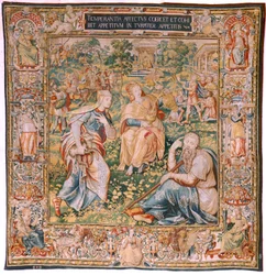 flamsk billedvev. Serien De syv dyder. Temperance (La Templanza). Modell basert på Michiel Coxcie. Produsere Brussel. Produsert av Frans Geubels. Ca1560-1570. Stoff Silke og ull. Størrelse 330 x 320 cm. Plassering Cathedral of Burgos. Opprinnelse Et legat 