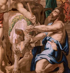 flamsk billedvev. Serien Nattverdens triumf. Eukaristiens seier over hedenske ofre (Victoria de la Eucaristía sobre los sacrificios paganos). Fjerde billedvev i serien. Modell Peter Paul Rubens. 1626-1628. Produksjon Jan II Raes, Jac