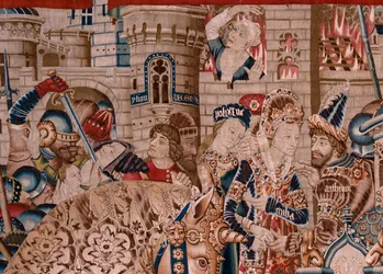 flamsk billedvev. Serien Den trojanske krigen. Ødeleggelsen av Troja (Destrucción de Troya). Elvte billedvev i serien. Model Coëtivy Master (Henry eller Conrard de Vulcop). Produser Tournai-verksteder. Ca 1470. Stoff Ull og silke, 6/7 varp pr cm.