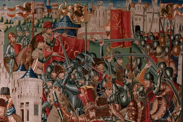 Flamsk veggteppe. Ukjent serie. Romersk historie? Tarquinius Priscus (Tarquino Prisco). Fremstilt i verksteder i Brussel? Ca. 1475. Materiale: ull og silke, 6 renningstråder per cm. Opprinnelse: En gave fra greven av Alba de Aliste, som ankom katedralen i