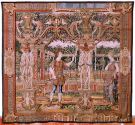 flamsk billedvev. Serien Vertumnus og Pomona. No IV Vertumnus forvandlet til en beskjærer (Vertumno y Pomona IV (Vertumno transformado en podador). Modeller Circle of Pieter Coecke Van Aelst og Léonard Thiry. Atelier ukjent, Brussel. Gull, silke og ull. B
