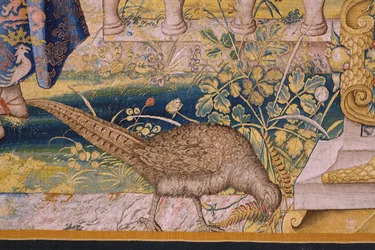 flamsk billedvev. Serien Vertumnus og Pomona: Vertumnus forvandlet til en bonde (Vertumnus som bonde, Vertumno transformado og agricultor). Studio Willem de Pannemaker. ca 1545-1550. Detalj.
