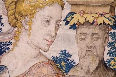flamsk billedvev. Serien Vertumnus og Pomona: Vertumnus forvandlet til en bonde (Vertumnus som bonde, Vertumno transformado og agricultor). Studio Willem de Pannemaker. ca 1545-1550. Detalj.