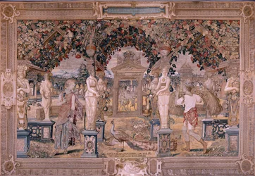 flamsk billedvev. Serien Vertumnus og Pomona. Vertumnus forvandlet til en høstemaskin (Vertumno transformado en segador). Første billedvev i serien. Modellsirkel av Pieter Coeck van Aelst. ; Produksjon Wilhelm Pannemaker, Brussel. Ca 1545-1550. Stoff
