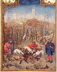 Fol.12v Desember måned: Jakt på villsvin, fra Breviarium Grimani, ca. 1515